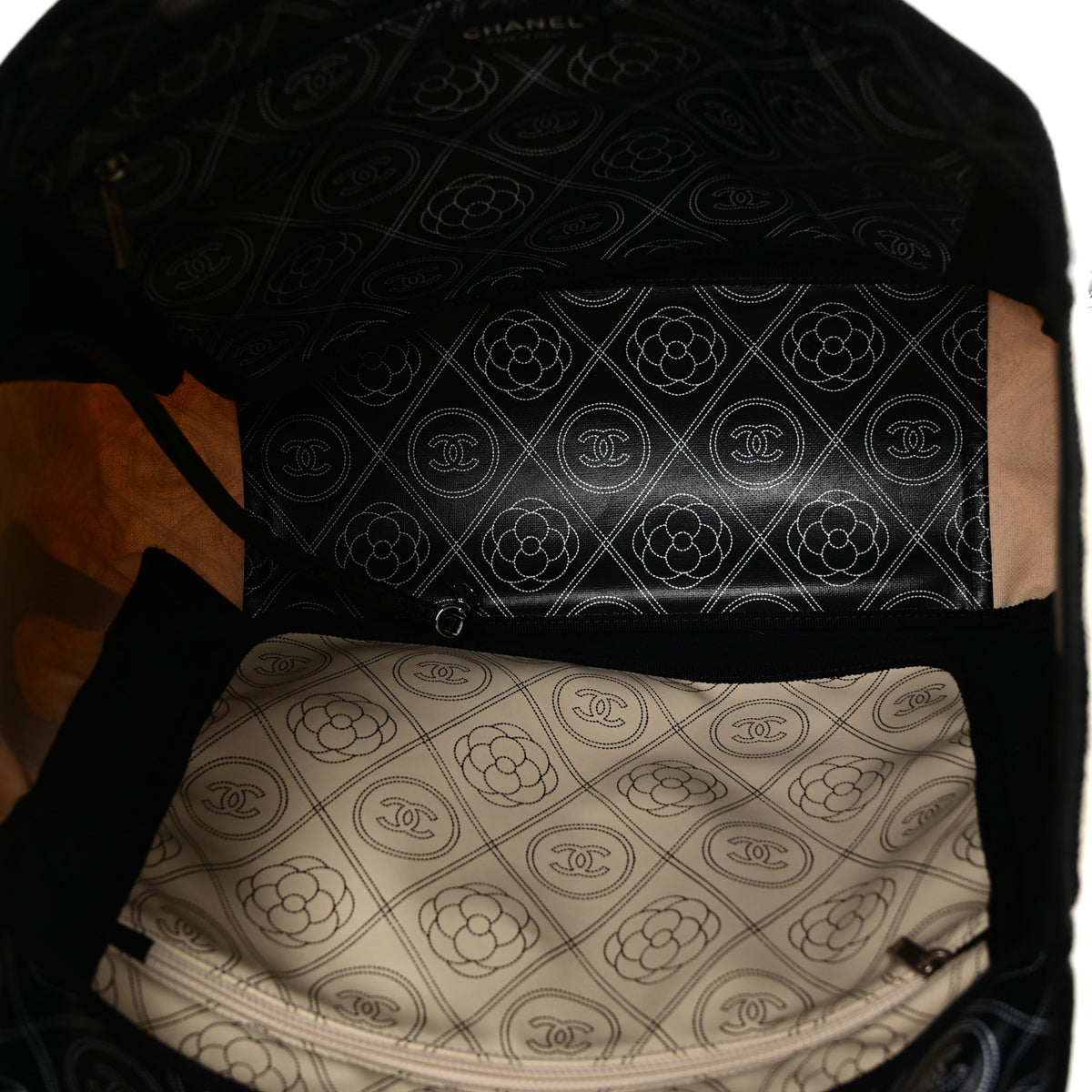 Coated Canvas Camellia Medium Shopping Tote Black Beige