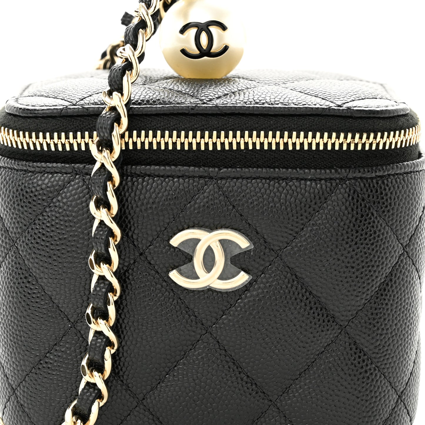 Caviar Quilted Mini Pearl On Top Vanity Case With Chain Black
