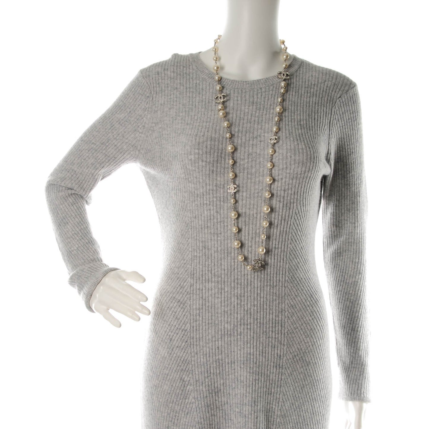 Crystal Pearl CC Long Necklace Silver