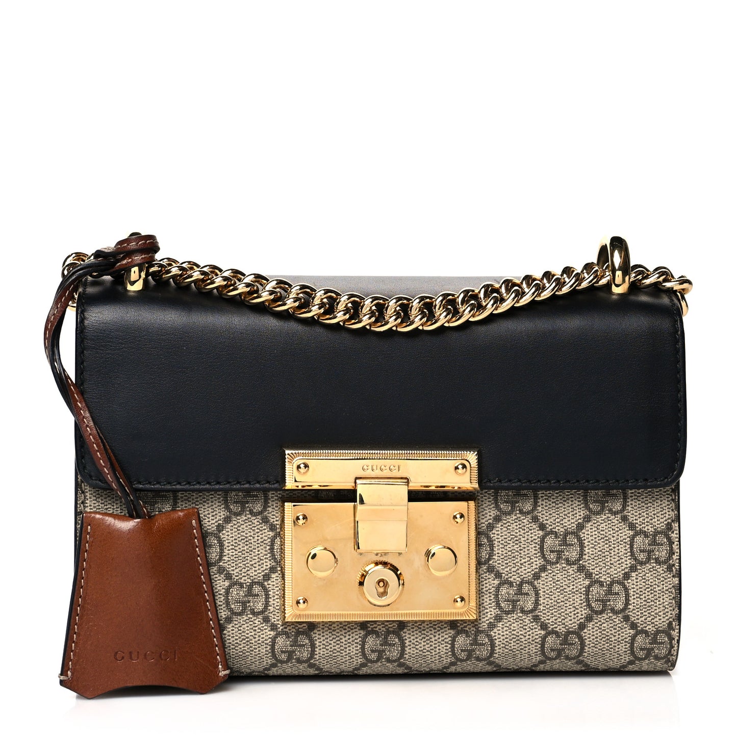 GG Supreme Monogram Calfskin Small Padlock Shoulder Bag Beige Black Cuir