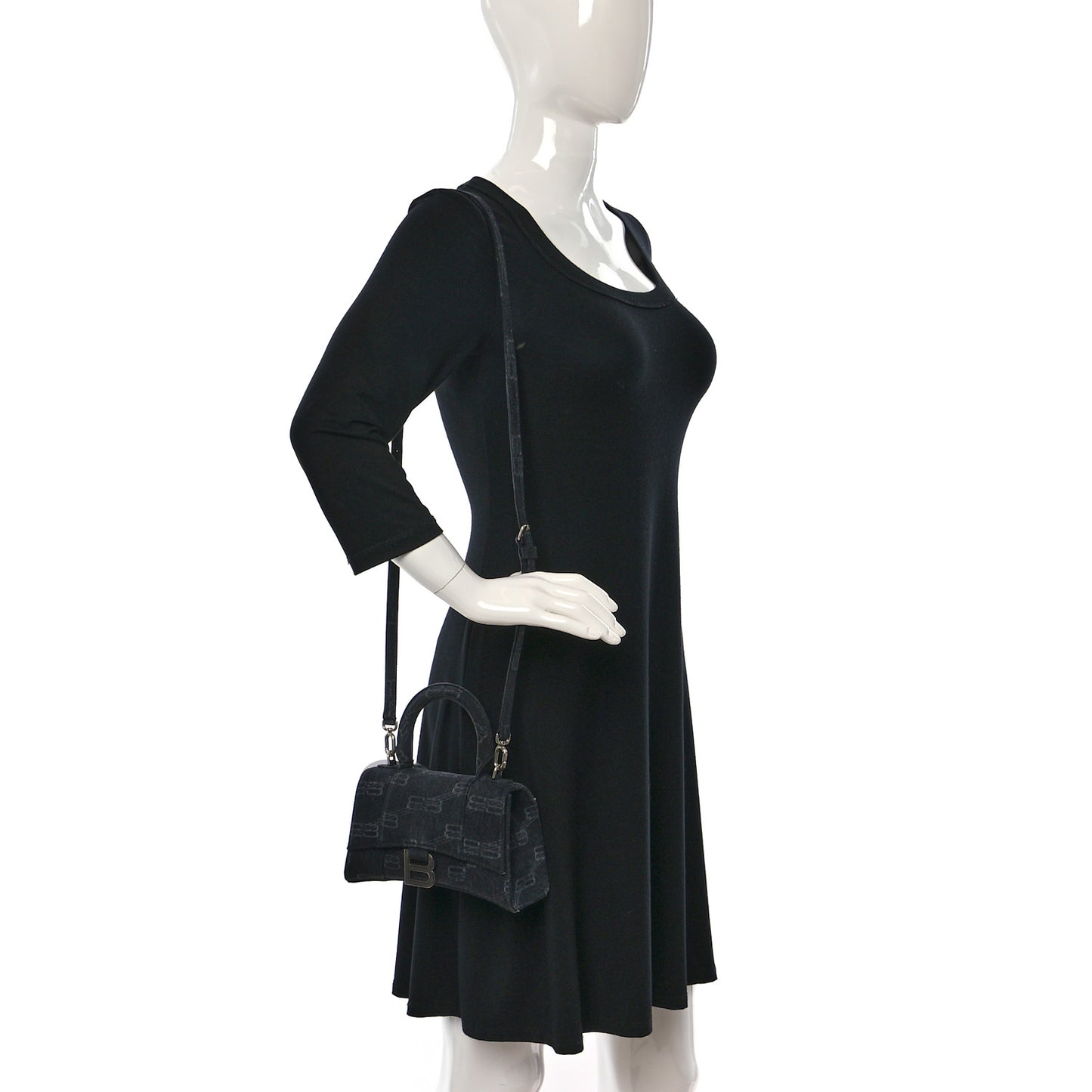 Washed Denim BB Monogram Hourglass Top Handle Bag XS Black