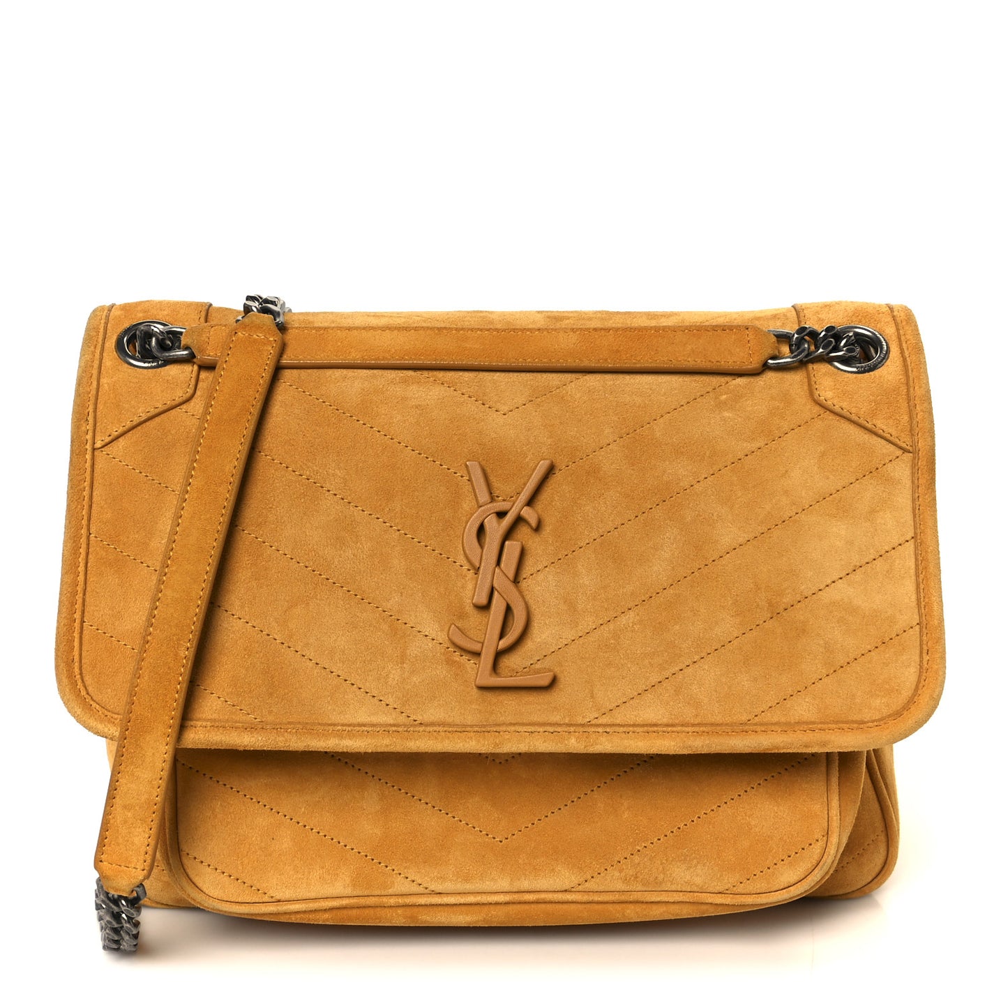 Suede Monogram Medium Niki Chain Satchel Cheddar