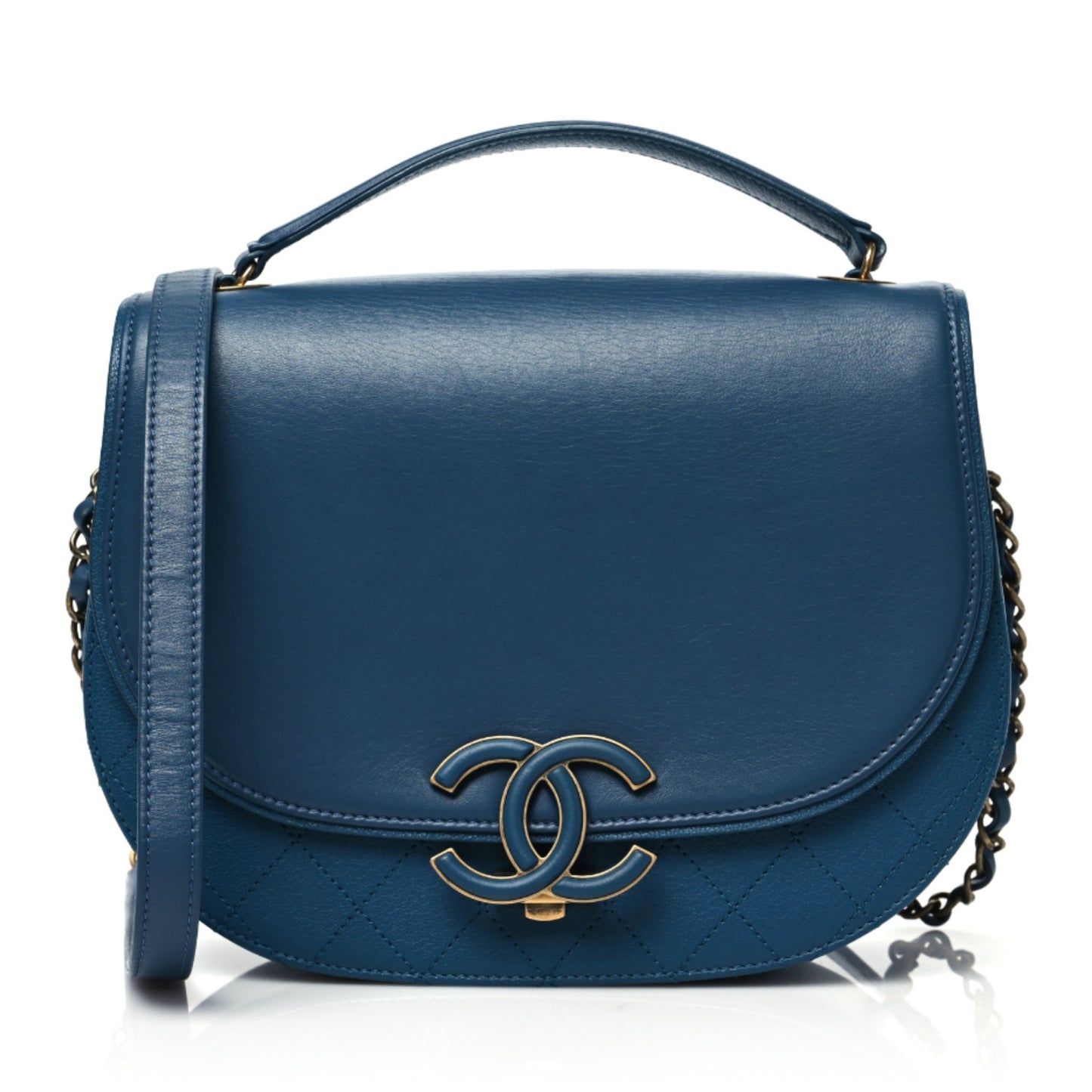 Shiny Calfskin Goatskin Quilted Medium Coco Curve Messenger Flap Navy