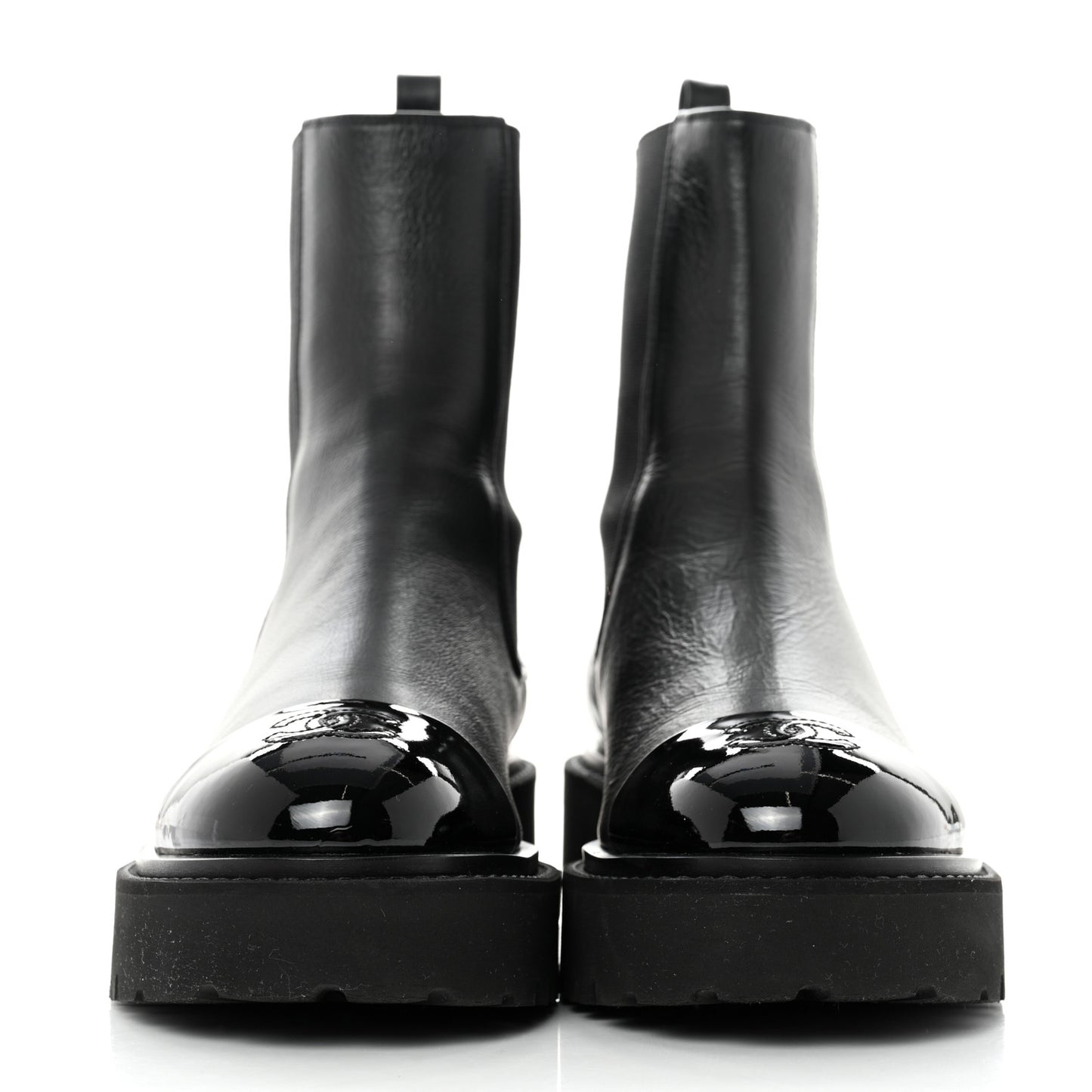 Crumpled Calfskin Patent Cap Toe Short Boots 39 Black