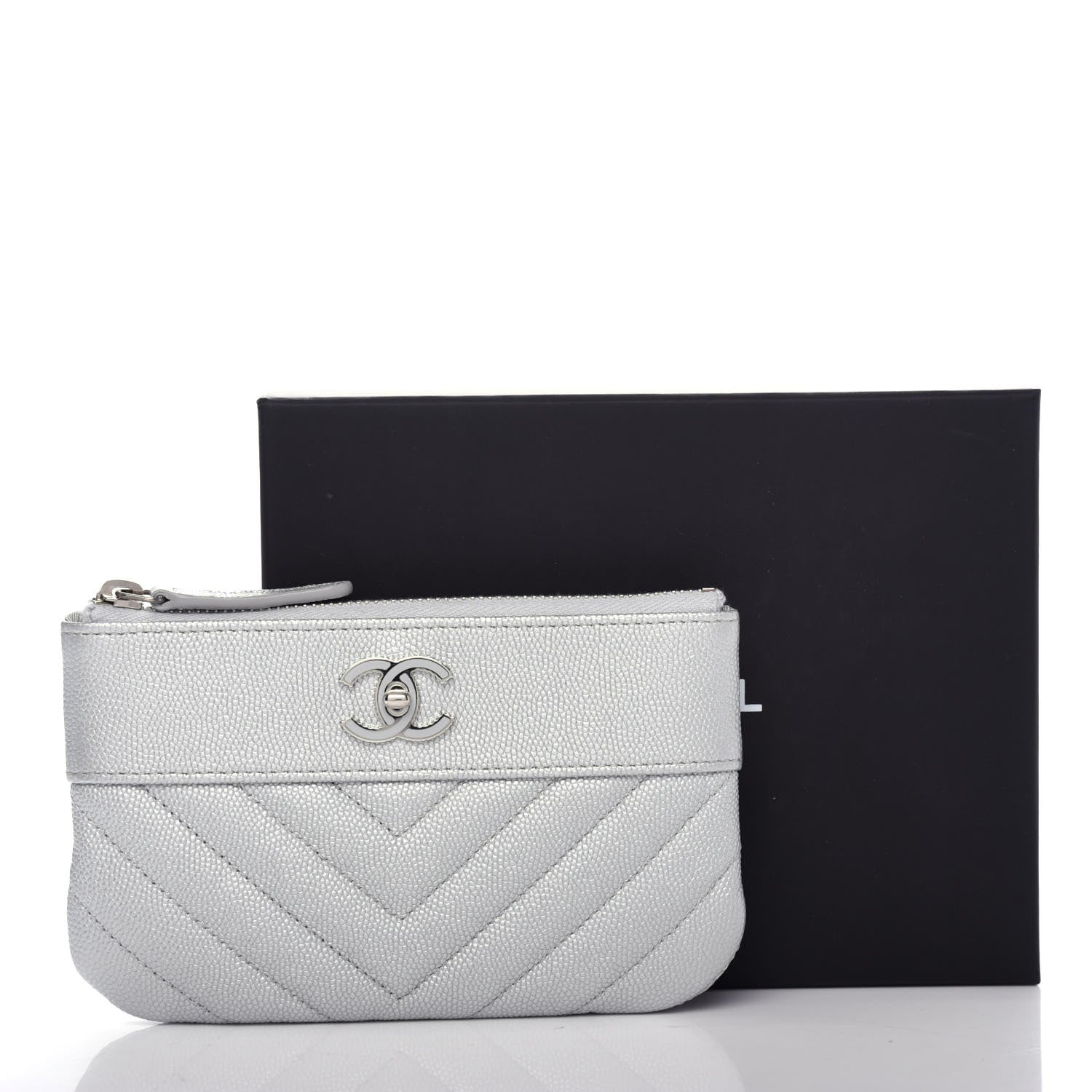 Chanel Metallic Caviar Chevron Quilted Small Vintage Mademoiselle Cosmetic Case Silver 8 of 8