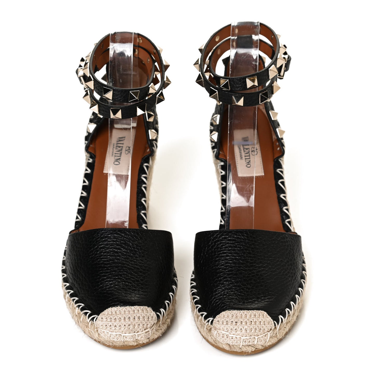 Grained Calfskin Rockstud Ankle Wrap Espadrille 15/85mm Wedges 35 Black Light Cuir