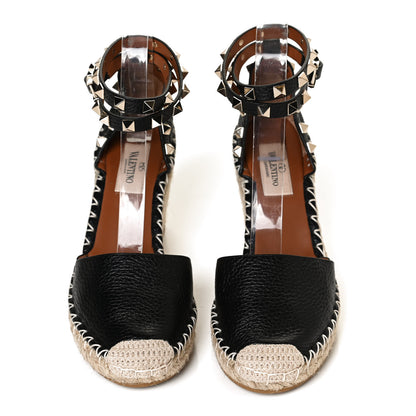 Valentino Garavani Grained Calfskin Rockstud Ankle Wrap Espadrille 15/85mm Wedges 35 Black Light Cuir 5 of 9