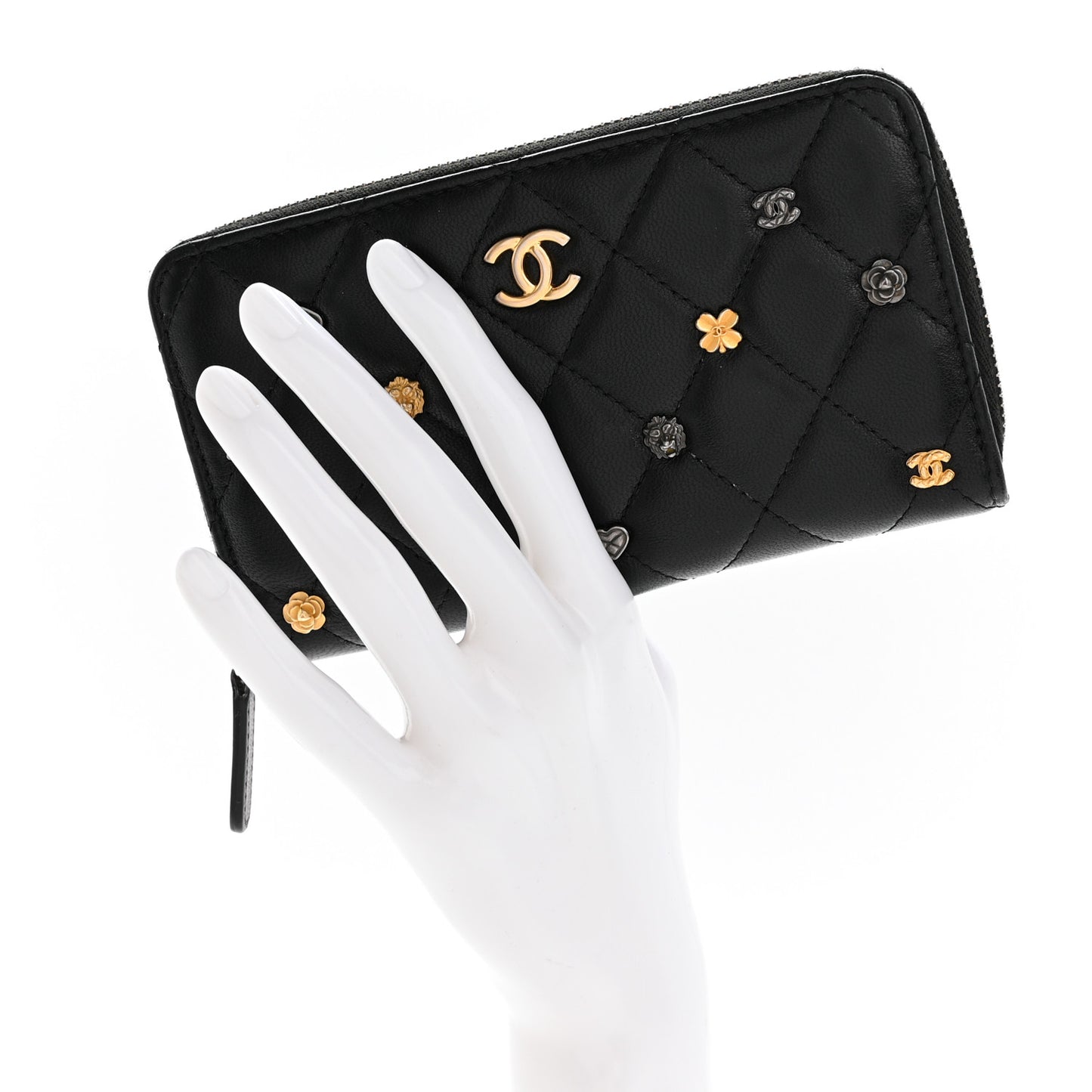 Lambskin Quilted Small Lucky Charms Zip Around Wallet Black