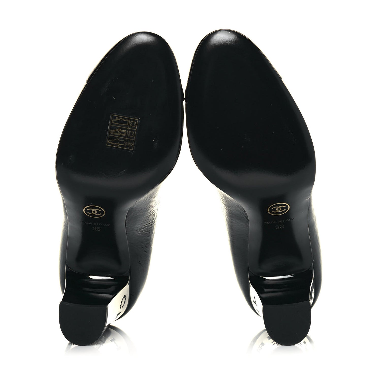 Patent Calfskin Crystal Cap Toe Logo Pumps 38 Black