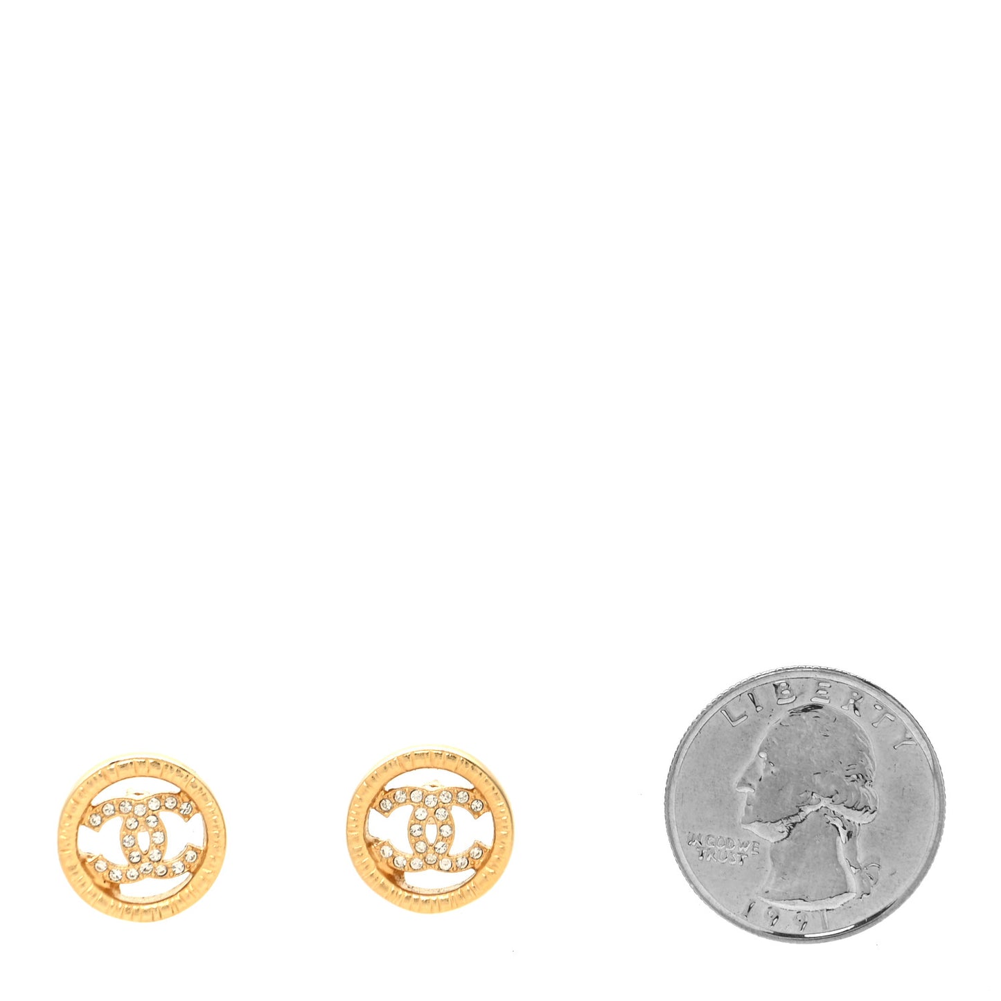 Metal Crystal Textured CC Round Earrings Gold