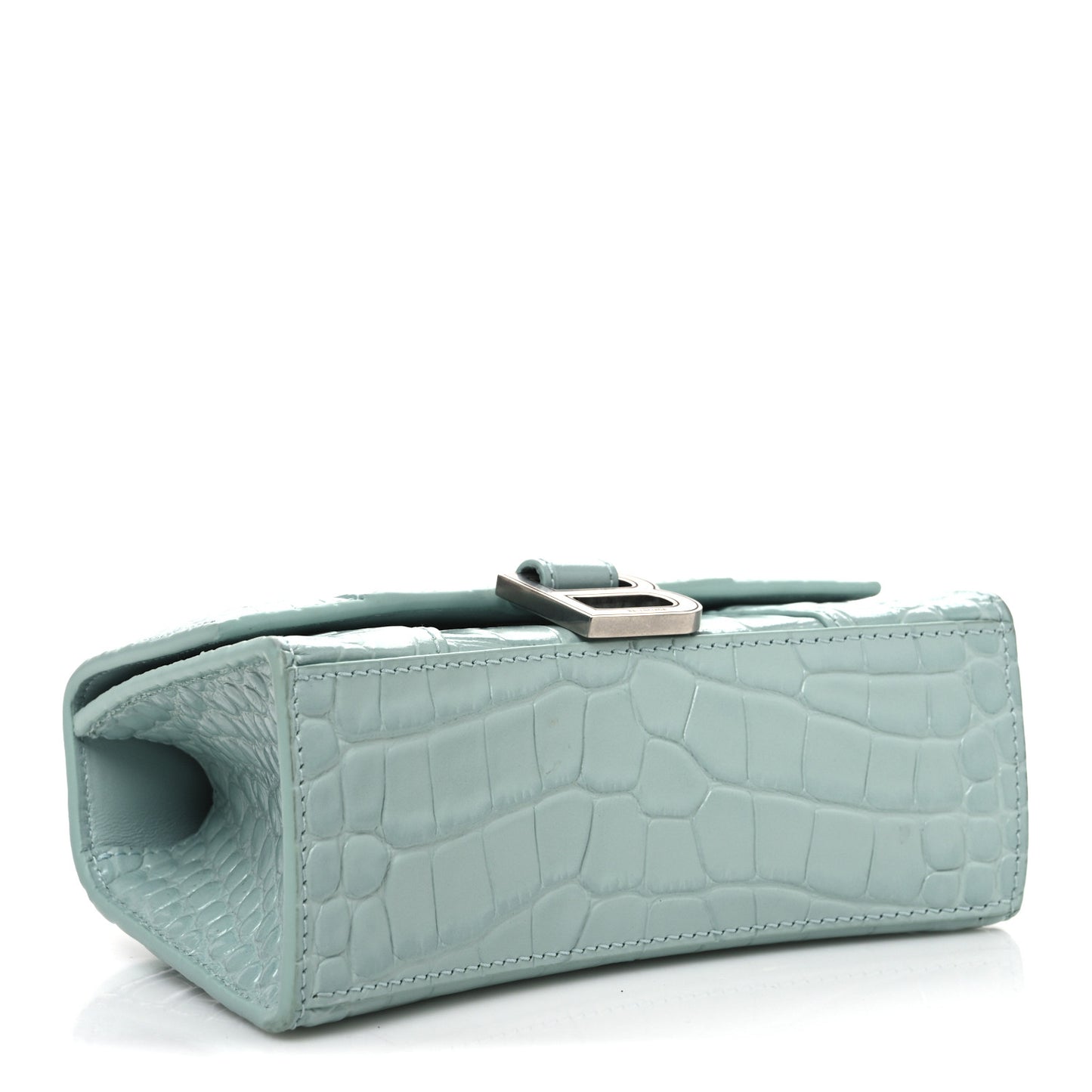 Shiny Calfskin Crocodile Embossed Hourglass Top Handle Bag XS Green Acqua