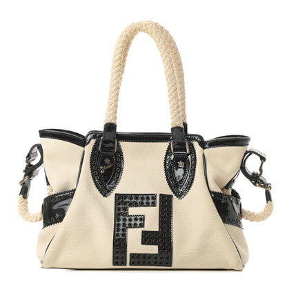Fendi Canvas Patent Grommet De Jour Tote Natural 1 of 10
