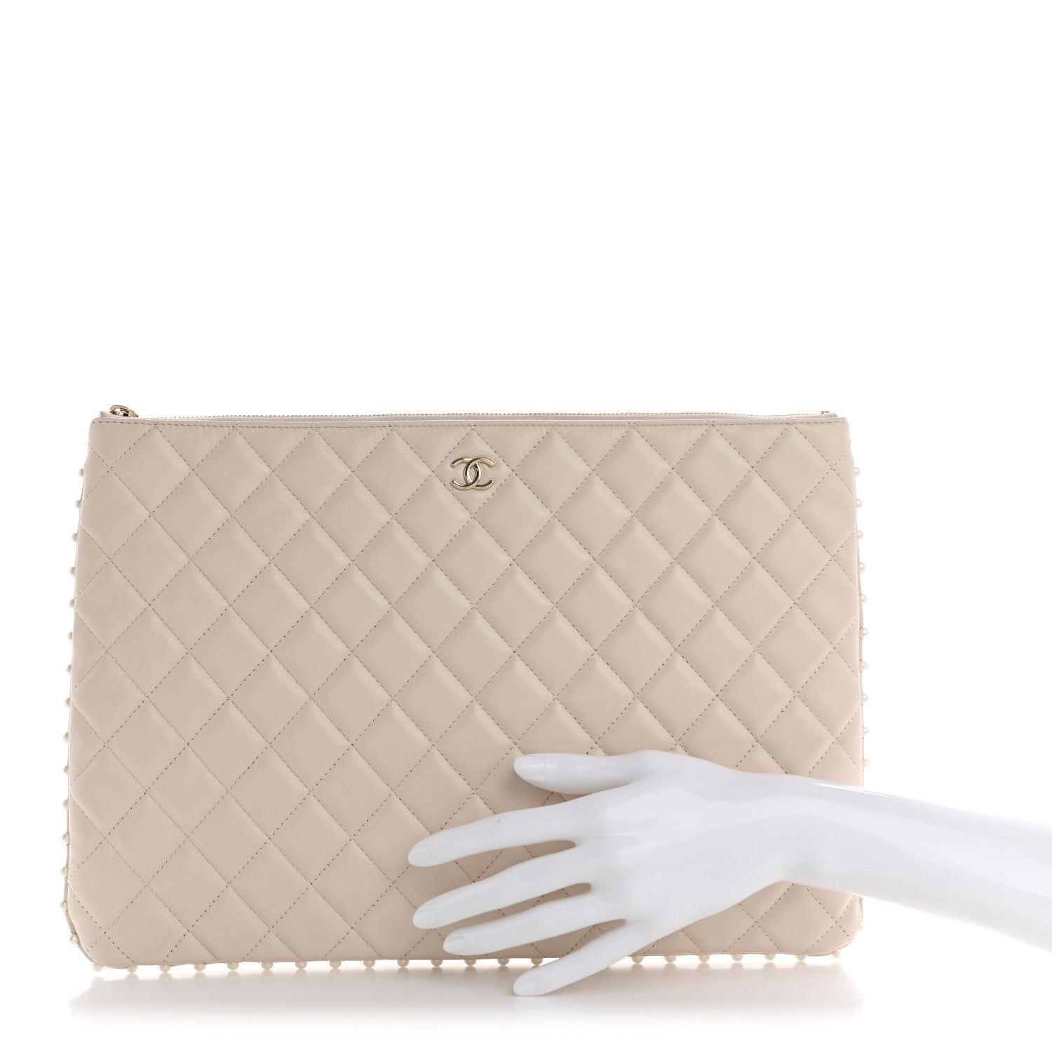 Chanel Calfskin Quilted Large Pearl Cosmetic Case Light Beige 2 of 7