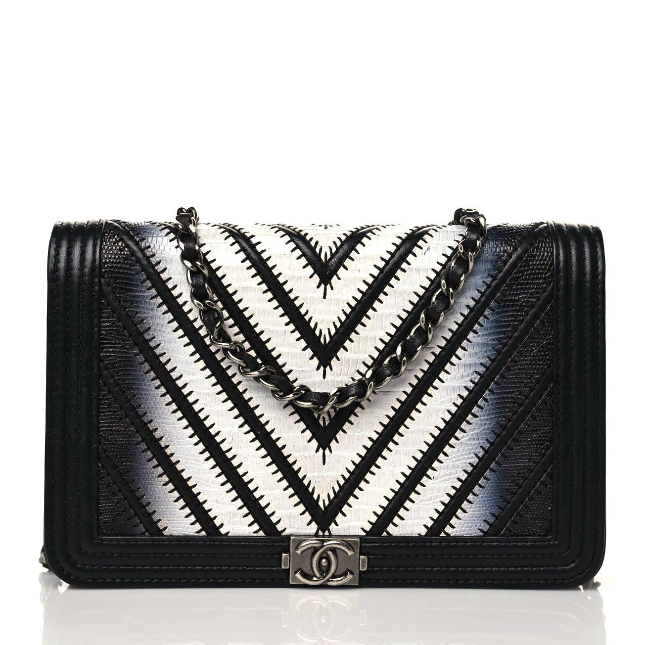 Chanel Lizard Chevron Medium Boy Flap Black White 2 of 9