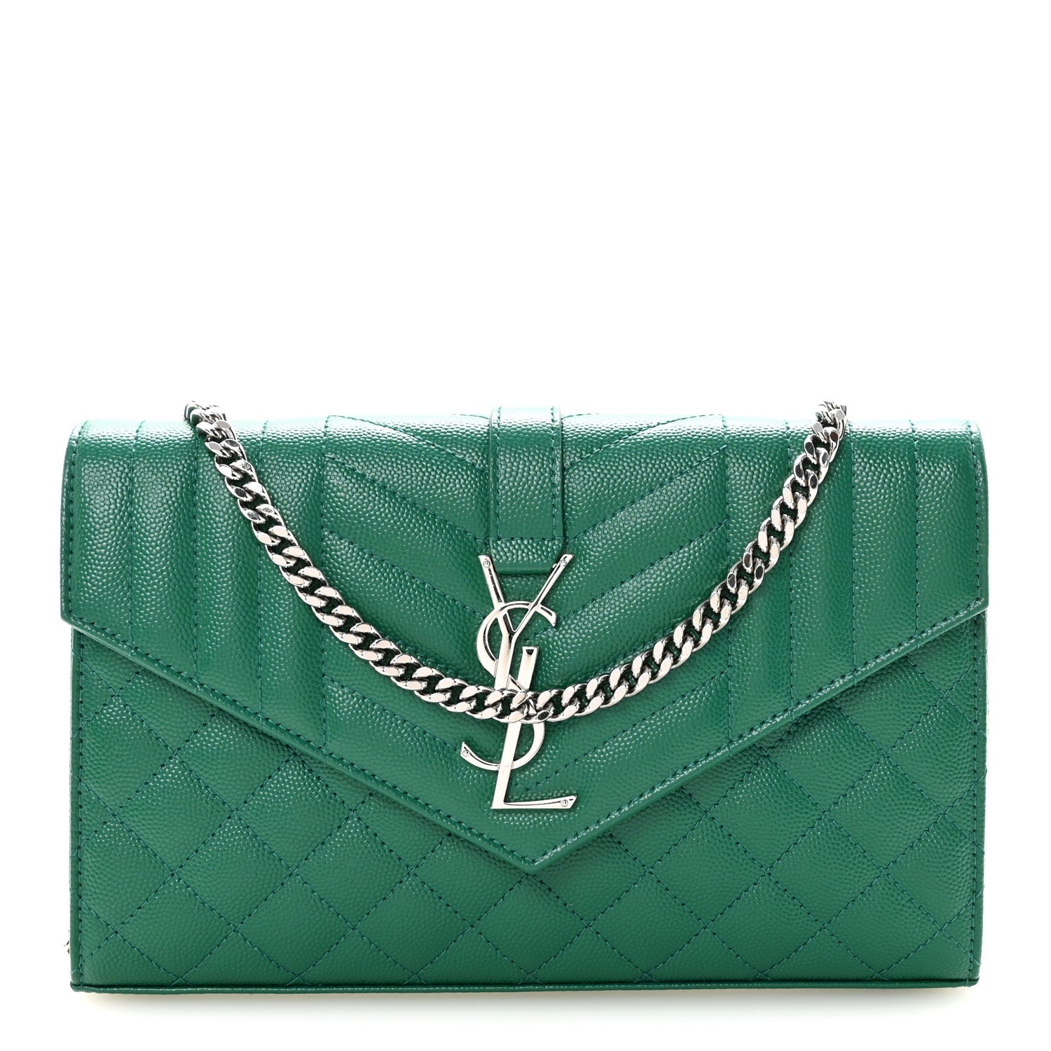 Saint Laurent Grain De Poudre Mixed Matelasse Triquilt Monogram Chain Wallet Green Field 1 of 9
