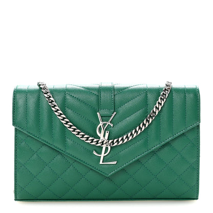 Saint Laurent Grain De Poudre Mixed Matelasse Triquilt Monogram Chain Wallet Green Field 1 of 9