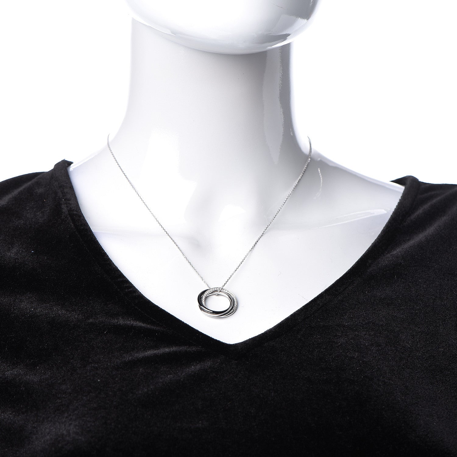 Cartier 18K White Gold Platinum Black Ceramic Diamond Trinity Pendant Necklace 2 of 7