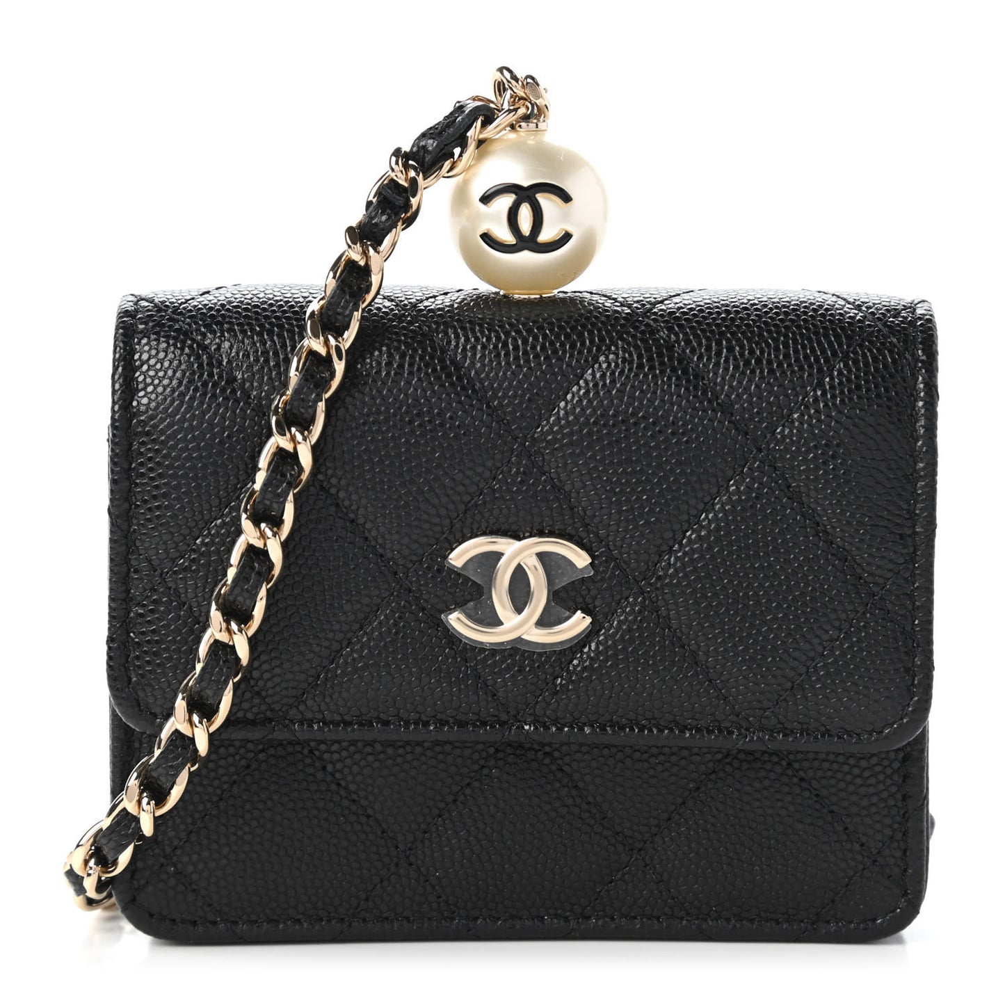Caviar Quilted Mini Pearl On Top Coin Purse With Chain Black