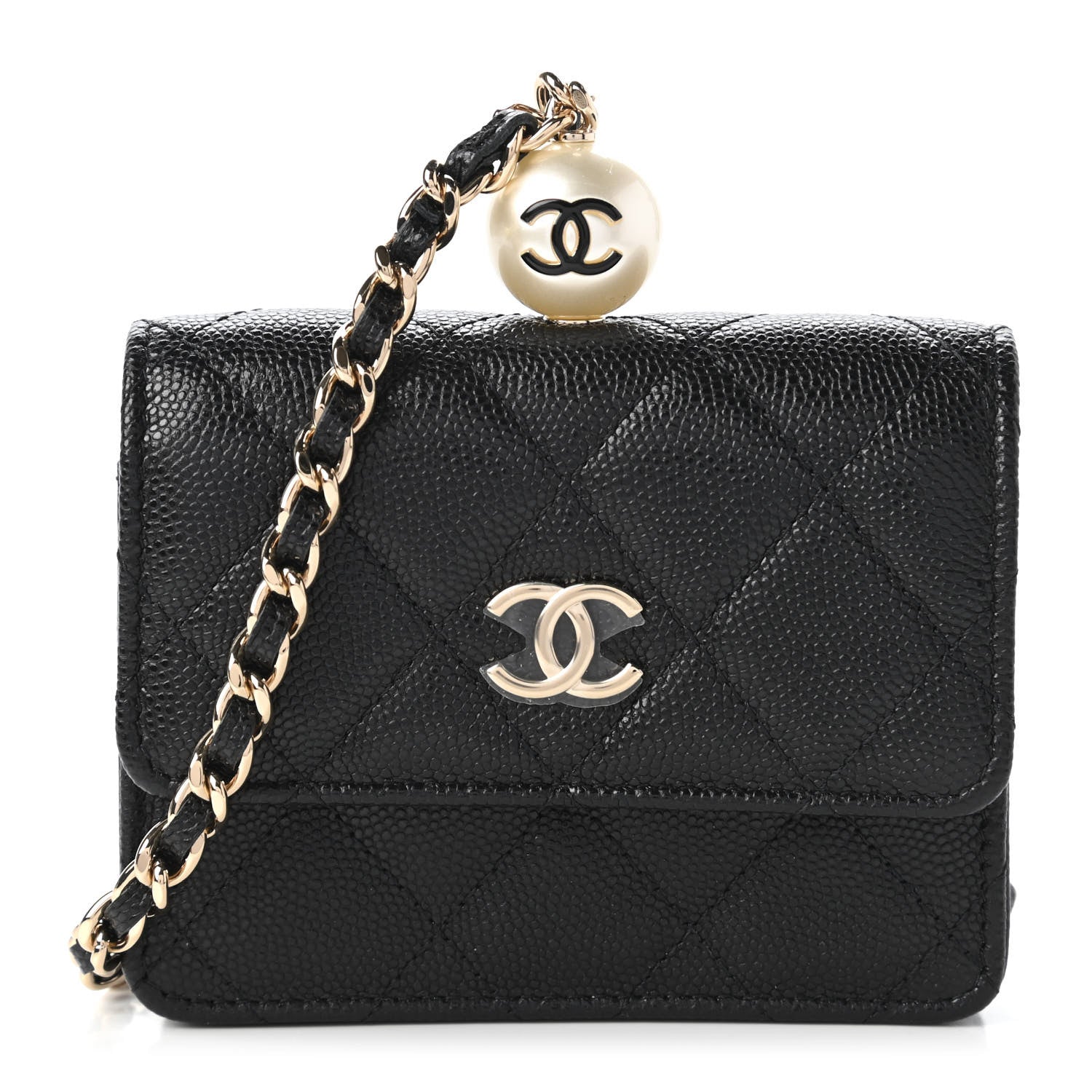 Chanel Caviar Quilted Mini Pearl On Top Coin Purse With Chain Black 1 of 12