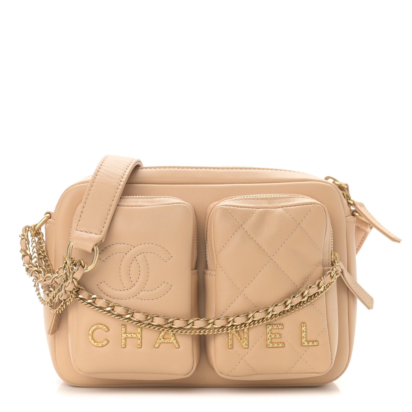 Calfskin Quilted Small Camera Case Beige