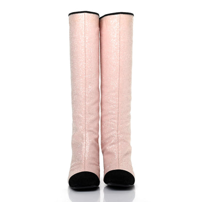 Chanel Glitter Fabric Lurex Cap Toe Fantasy High Boots 38.5 Pink Black 2 of 16