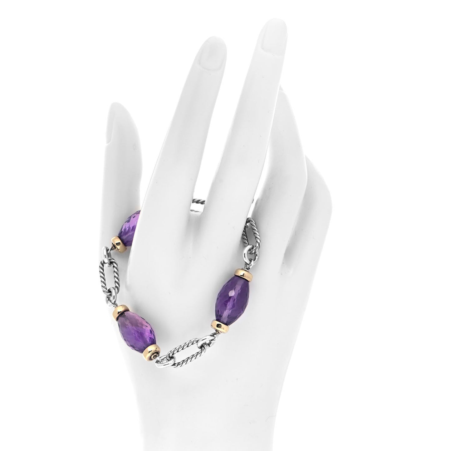 Sterling Silver 18K Yellow Gold Amethyst Figaro Bracelet