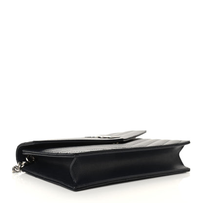 Saint Laurent Grain De Poudre Matelasse Chevron Monogram Envelope Chain Wallet Navy 3 of 9