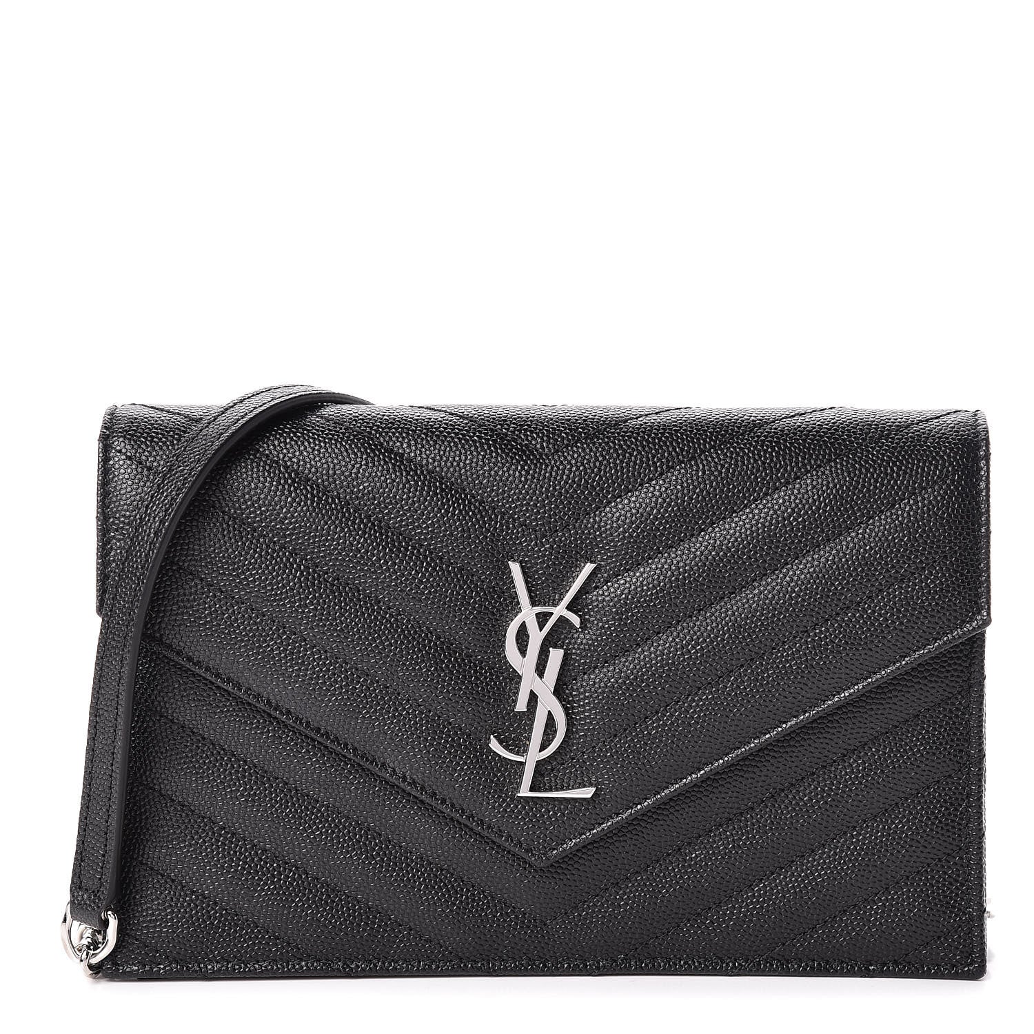 Saint Laurent Grain De Poudre Matelasse Chevron Monogram Envelope Chain Wallet Black 1 of 11
