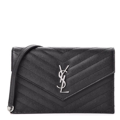 Saint Laurent Grain De Poudre Matelasse Chevron Monogram Envelope Chain Wallet Black 1 of 11