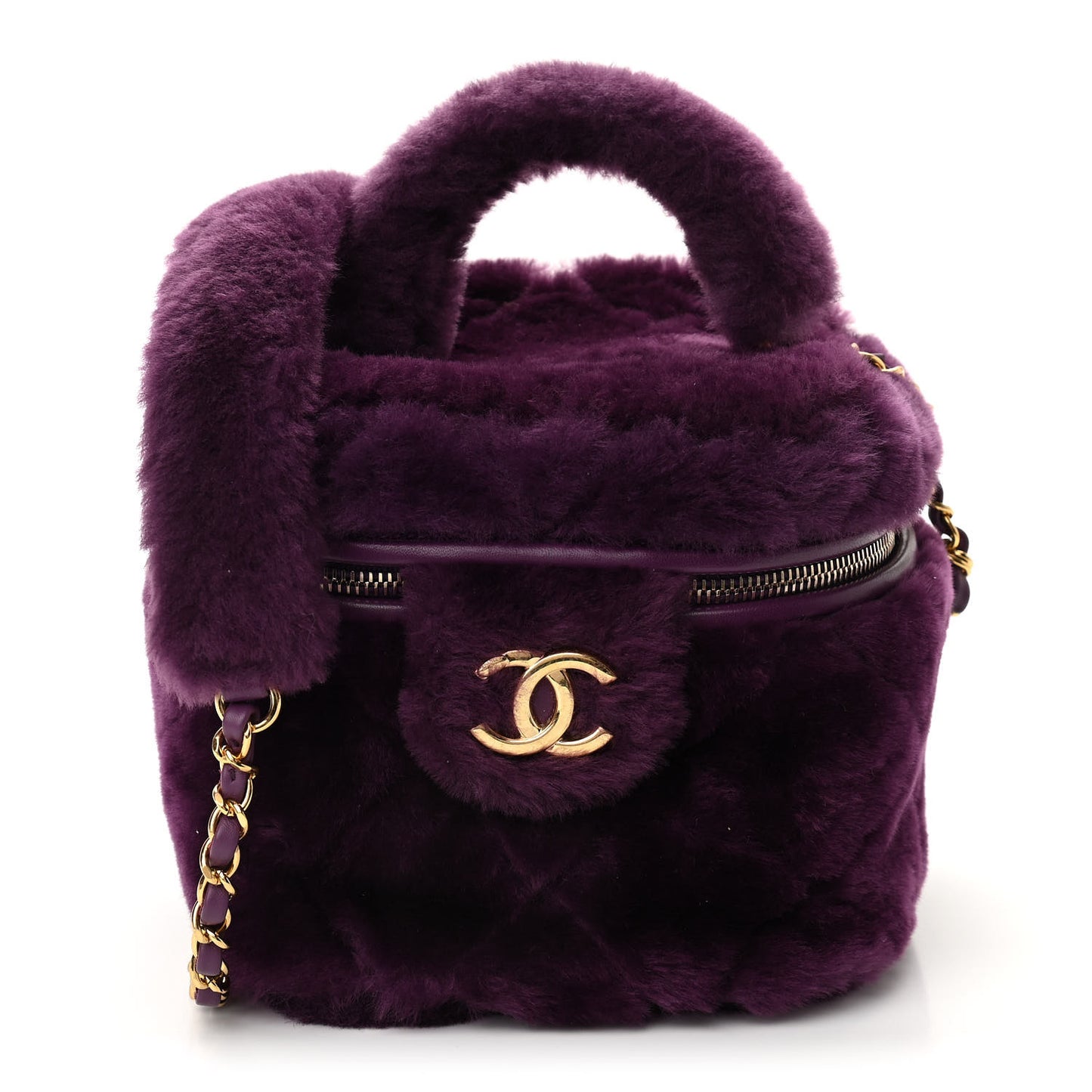 Shearling Lambskin Quilted Small Vanity Case Purple