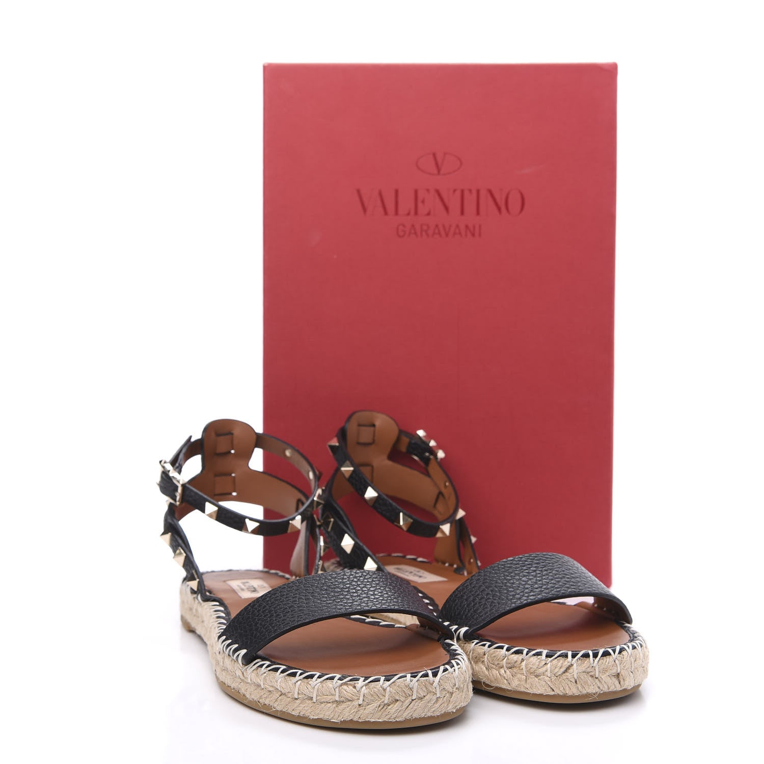 Valentino Garavani Grained Calfskin Rockstud Ankle Strap Espadrille Flat Sandals 39 Black 8 of 8