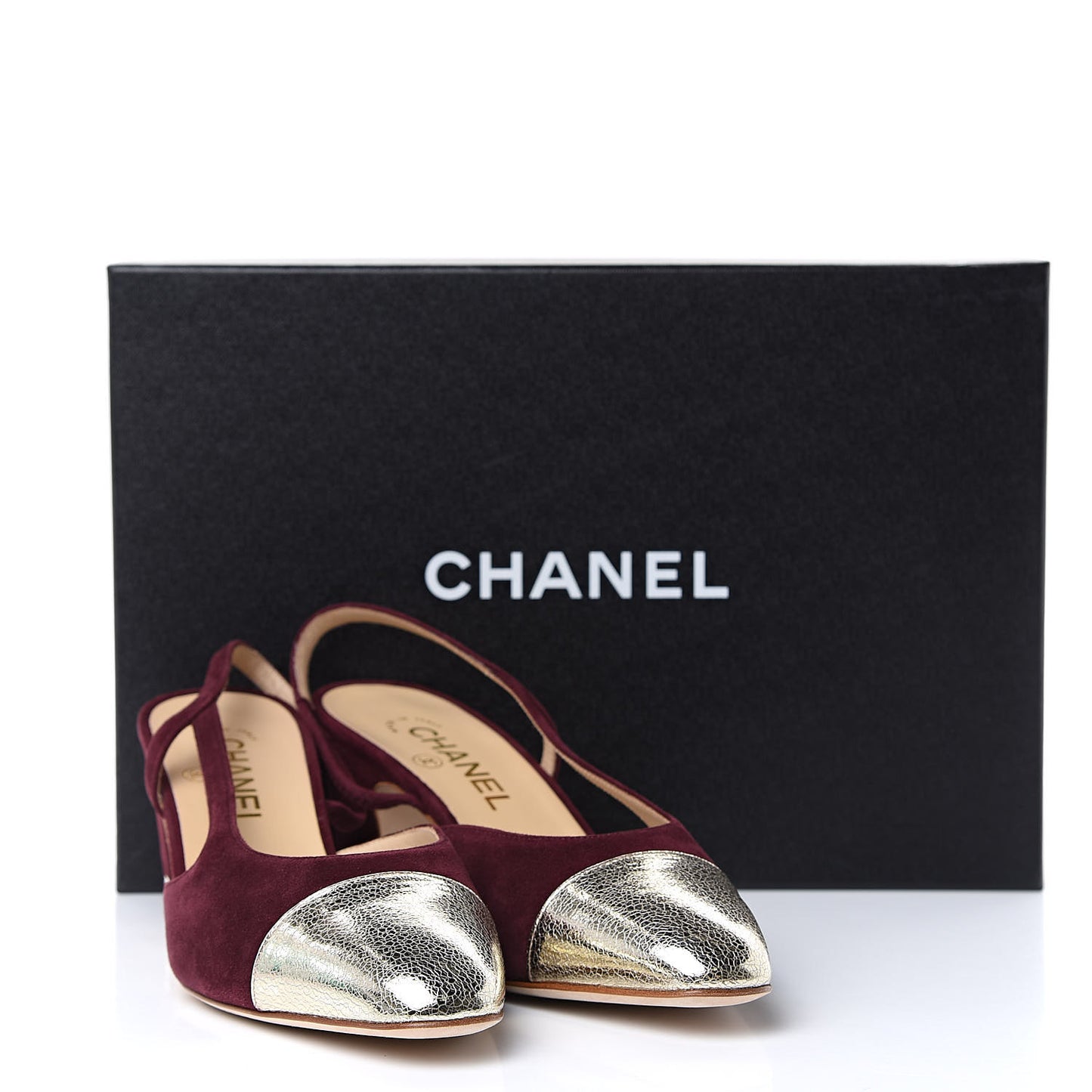 Kid Suede Metallic Lambskin Cap Toe CC Slingback Pumps 38.5 Burgundy Gold