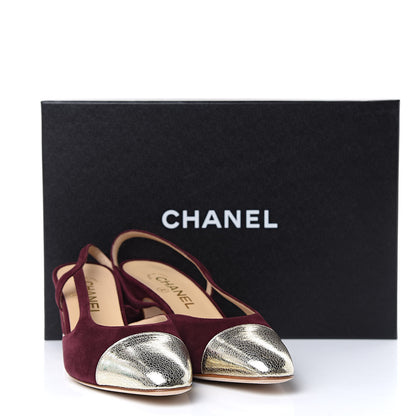 Chanel Kid Suede Metallic Lambskin Cap Toe CC Slingback Pumps 38.5 Burgundy Gold 9 of 9