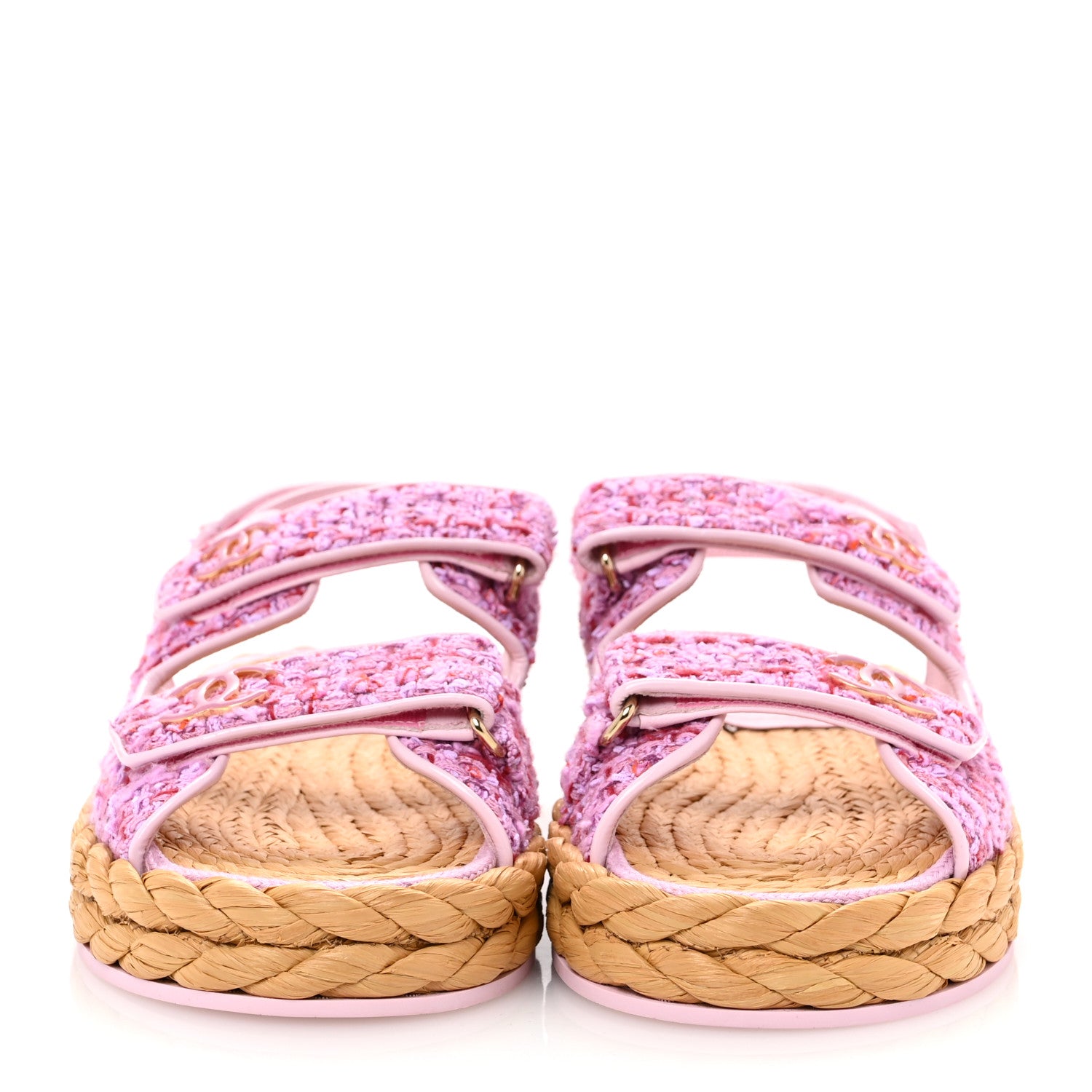 Chanel Tweed Patent Calfskin Velcro Dad Sandals 41 Light Purple Pink Red 3 of 9
