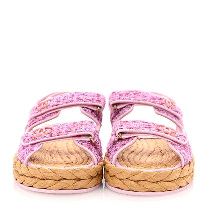 Chanel Tweed Patent Calfskin Velcro Dad Sandals 41 Light Purple Pink Red 3 of 9