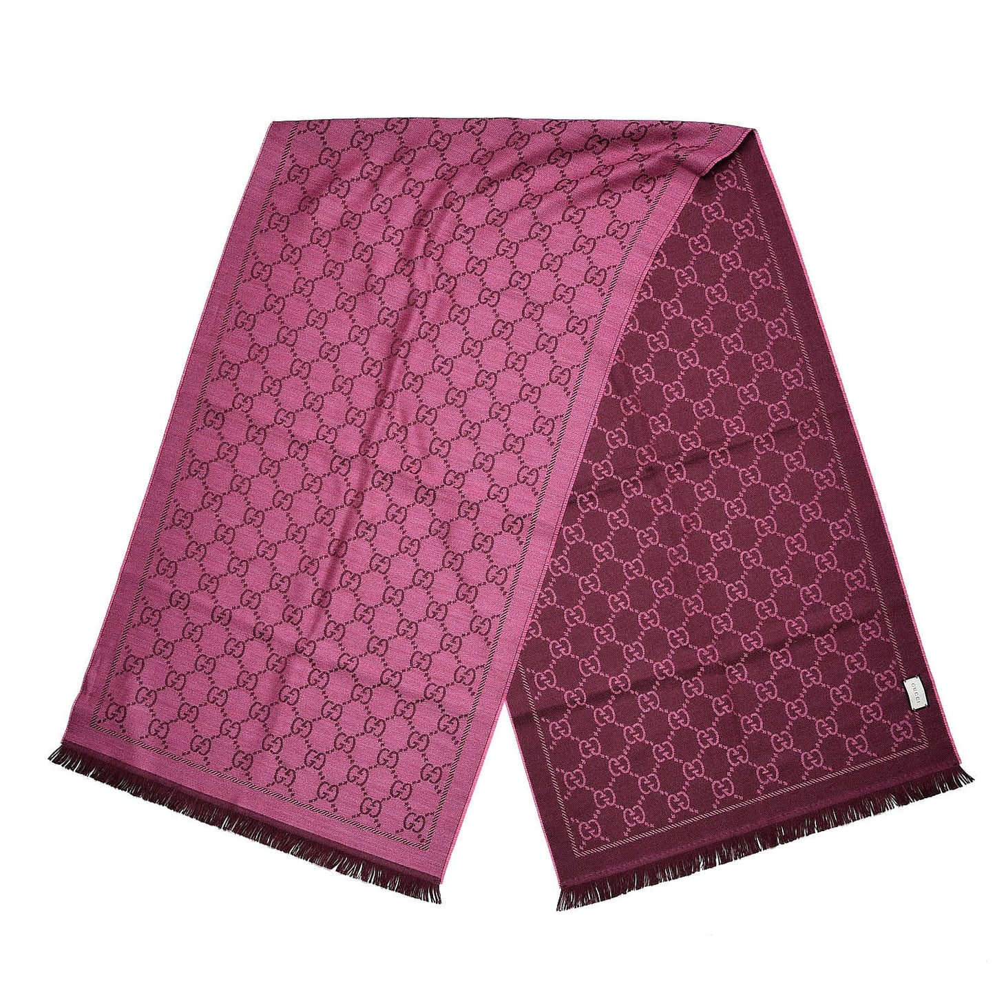Wool Jacquard GG Monogram Sten Fringe Scarf Magenta Bordeaux