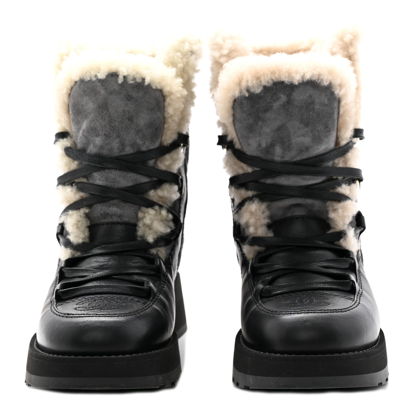 Calfskin Suede Shearling Lace Up Boots 35.5 Black Grey