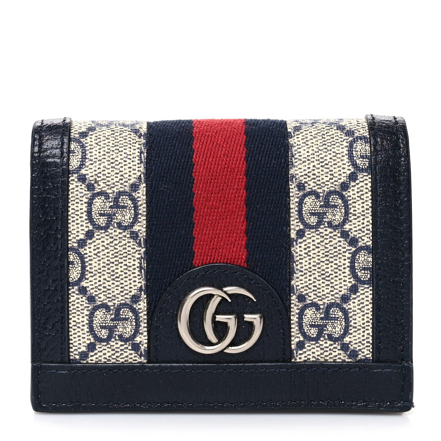 GG Supreme Monogram Textured Dollar Calfskin Web Ophidia Card Case Beige Blue