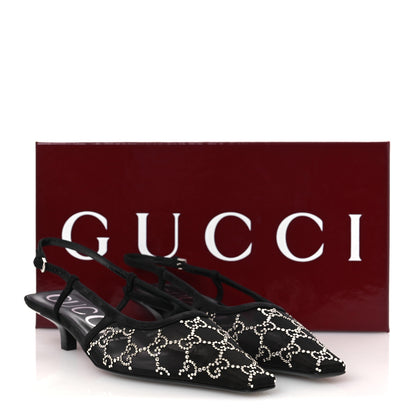 Gucci Tela Retino Kid Scamosciato Crystal GG Monogram Square G 35mm Slingback Pumps 38.5 Black 10 of 10
