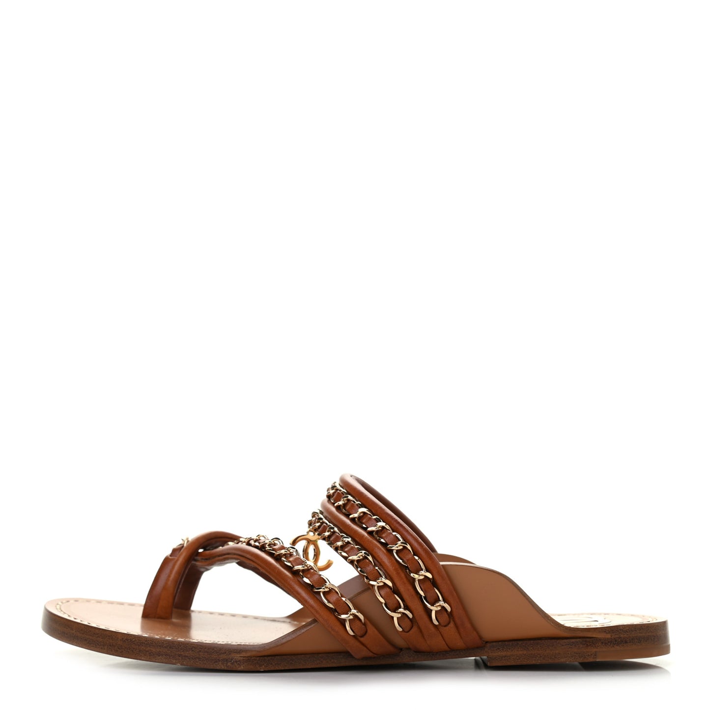 Calfskin Chain CC Thong Flat Sandals 38 Beige