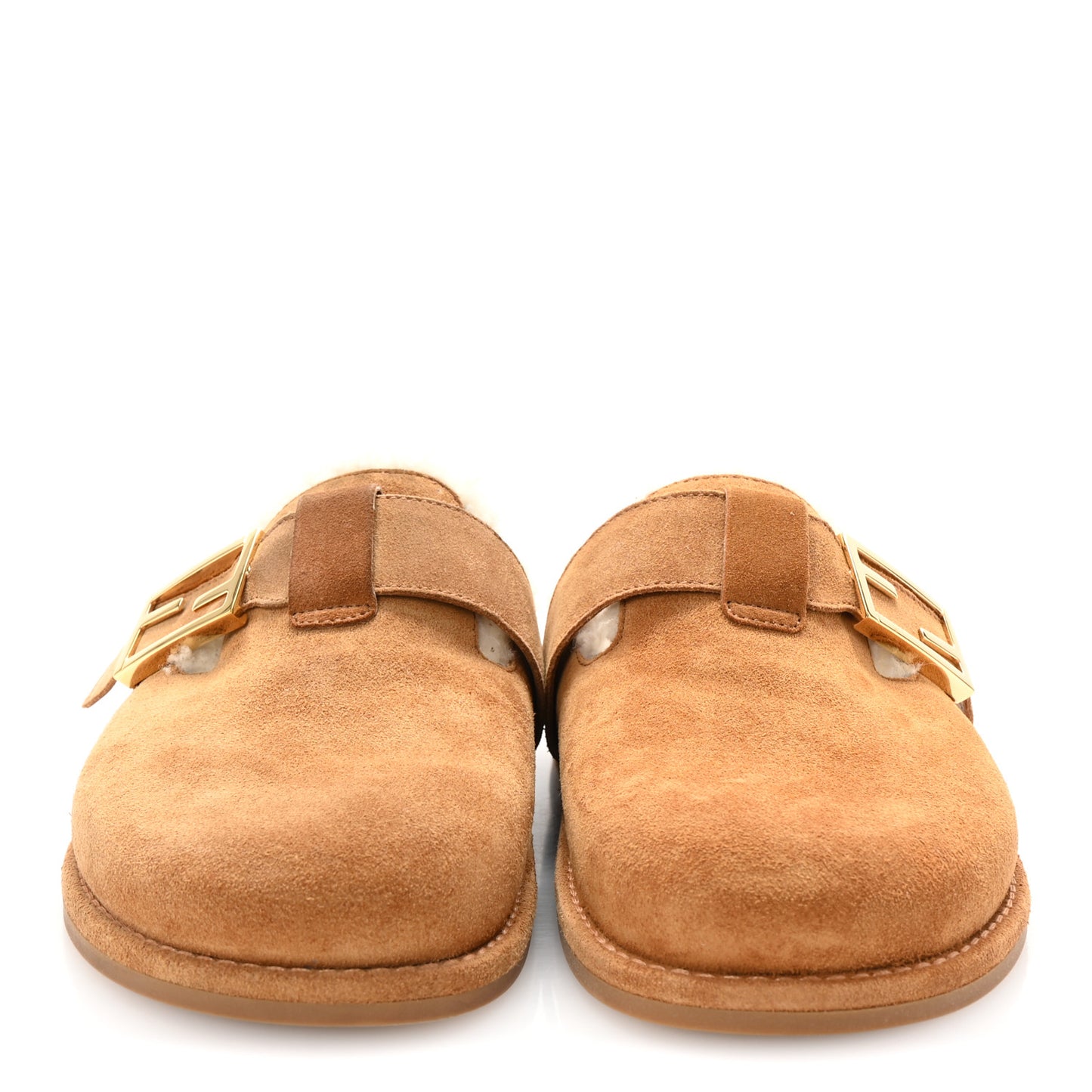 Suede Shearling Fendi Feel Buckled Clogs 36.5 Caramel Latte