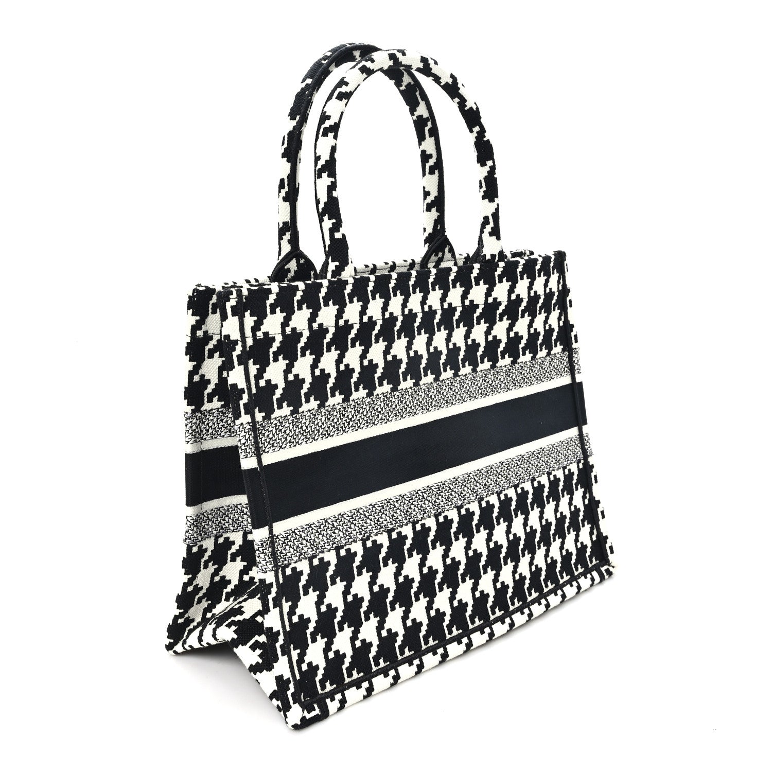 Christian Dior Canvas Macro Houndstooth Embroidered Medium Book Tote Black White 3 of 11