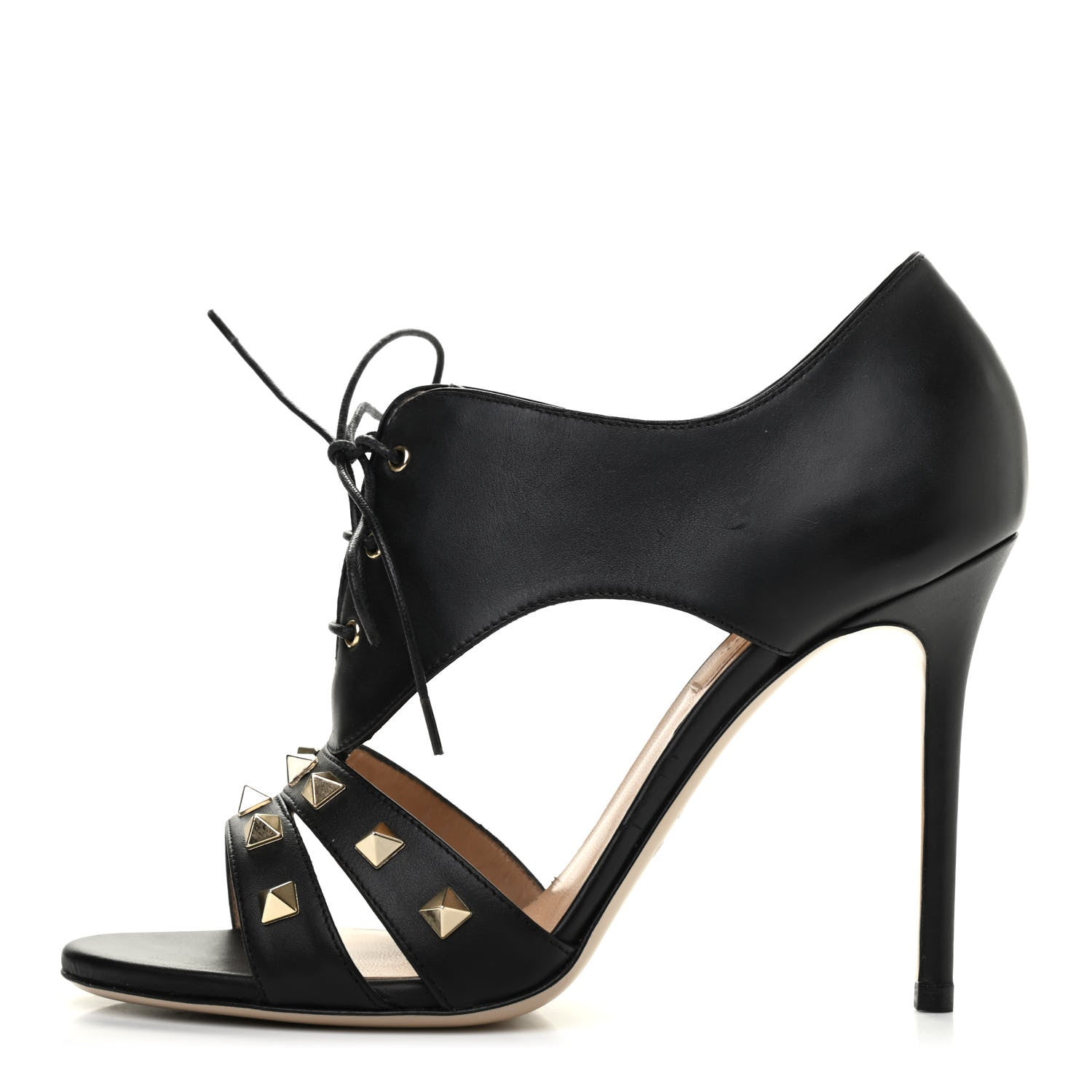 Valentino Garavani Calfskin Rockstud Lace Up Sandals 37.5 Black 1 of 8