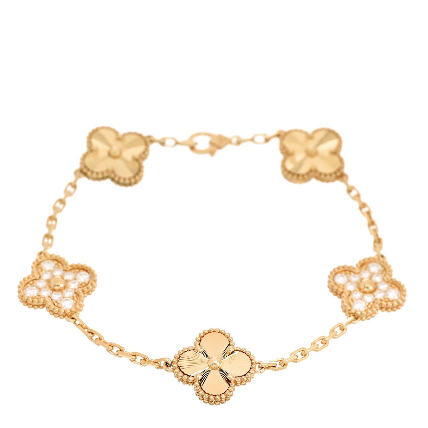 18K Yellow Gold Diamond 5 Motifs Guilloche Vintage Alhambra Bracelet