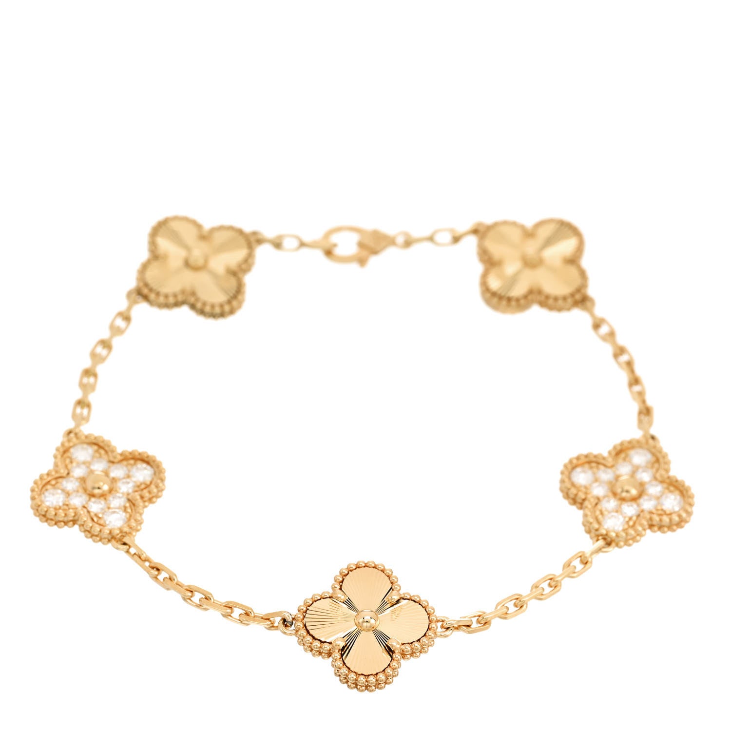 Van Cleef & Arpels 18K Yellow Gold Diamond 5 Motifs Guilloche Vintage Alhambra Bracelet 1 of 5