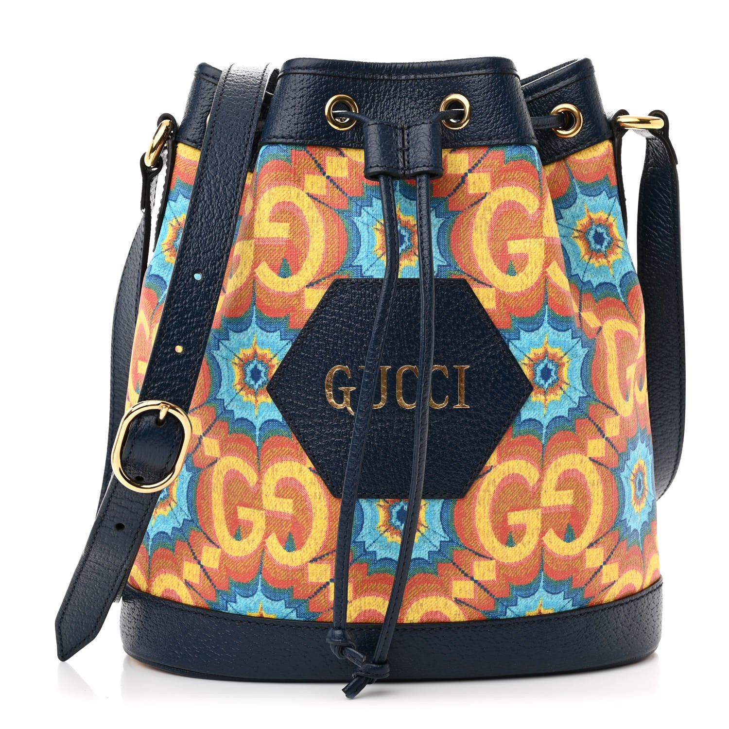 Gucci GG Supreme Kaleidoscope Calfskin Script Logo Gucci 100 Bucket Drawstring Bag Blue Orange Multicolor Blue Agata 1 of 10