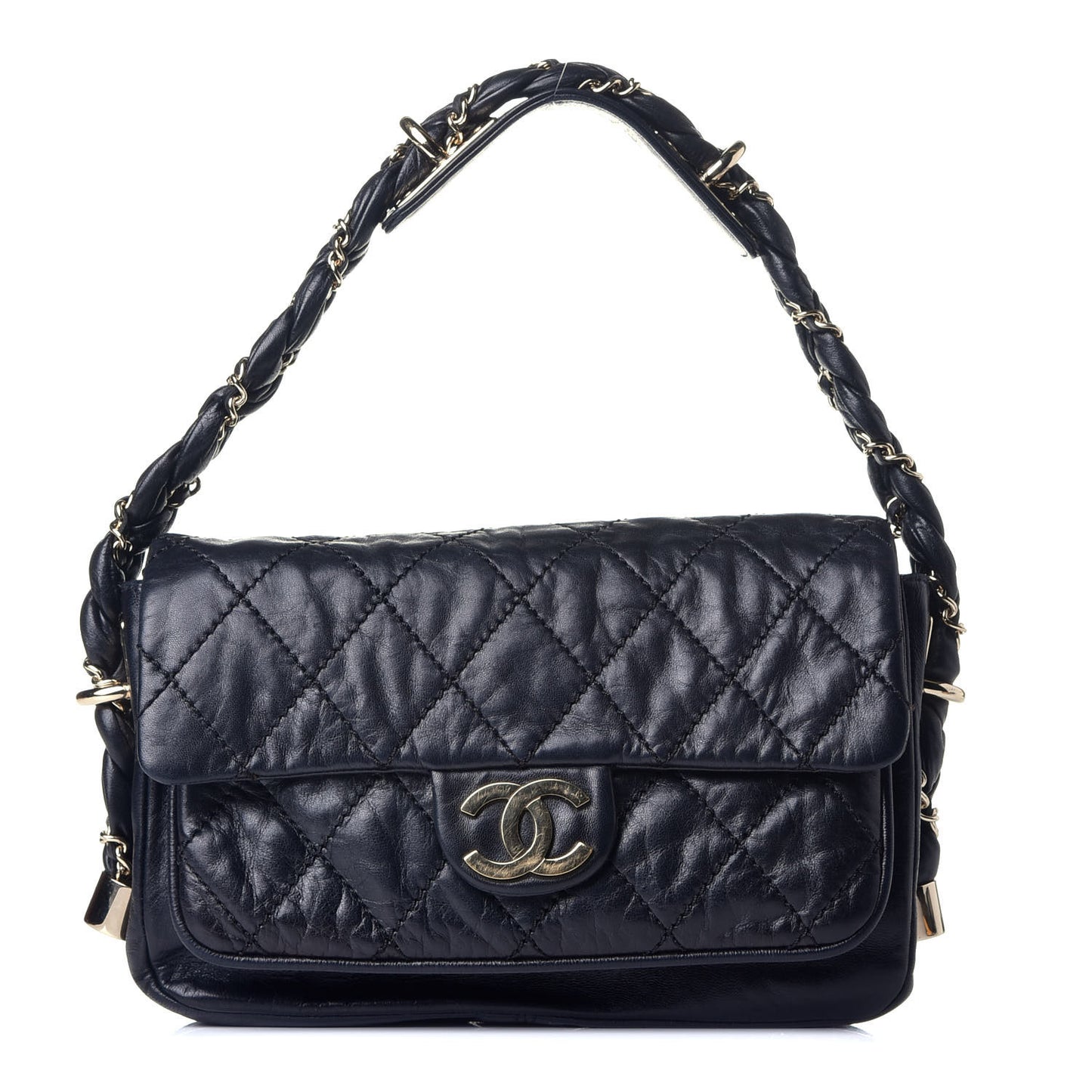 Distressed Lambskin Small Lady Braid Flap Black