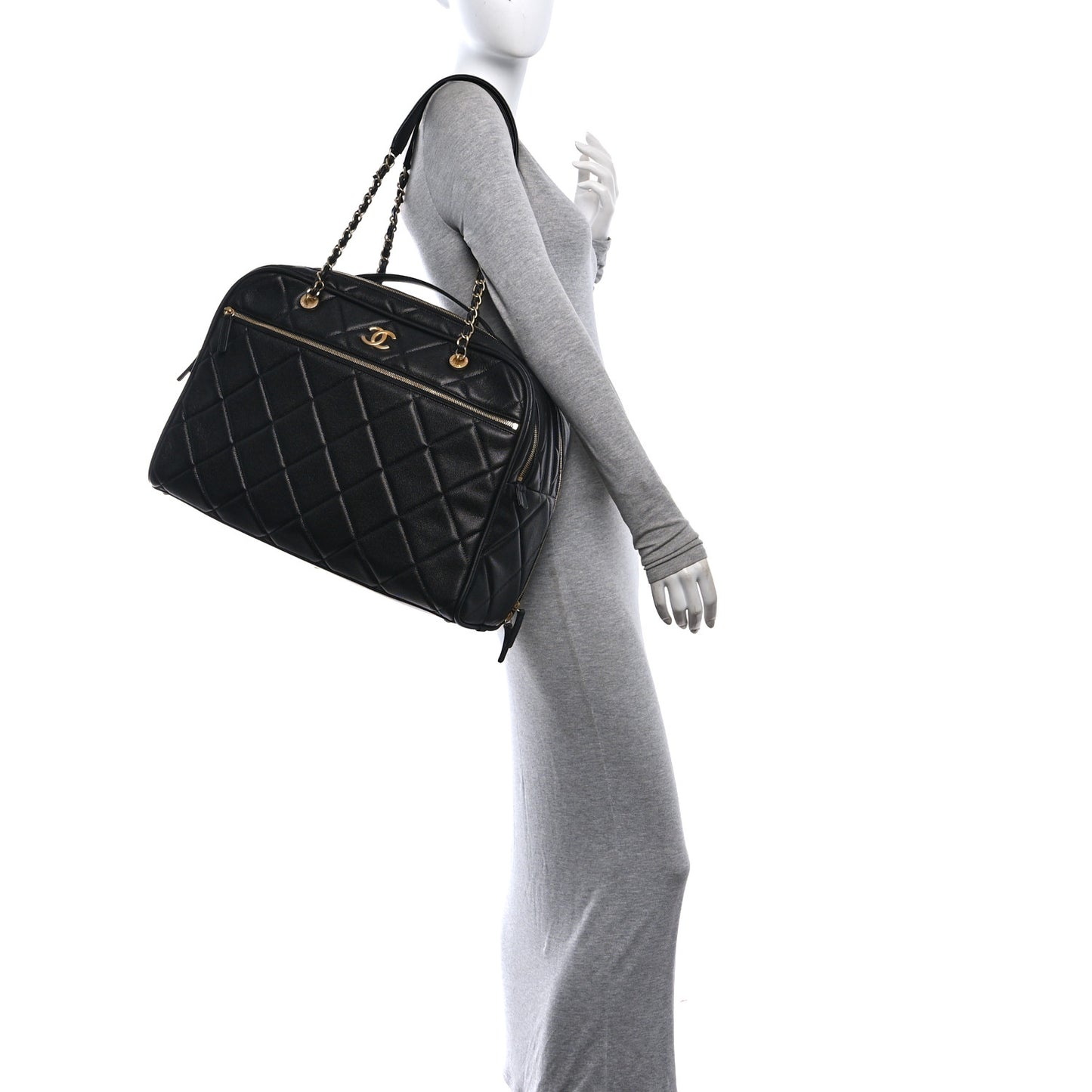 Shiny Grained Calfskin Quilted Travel Bowling Bag Black