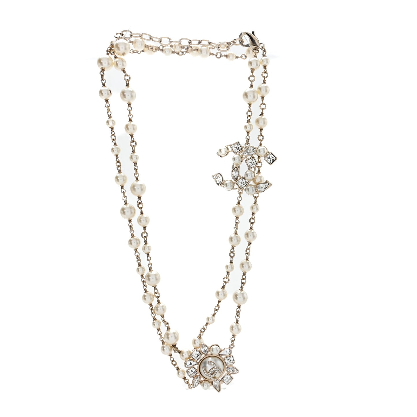 Pearl Crystal CC Long Necklace Gold