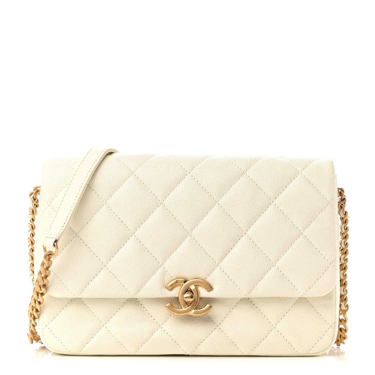 Shiny Caviar Quilted Large Chain Melody Flap White